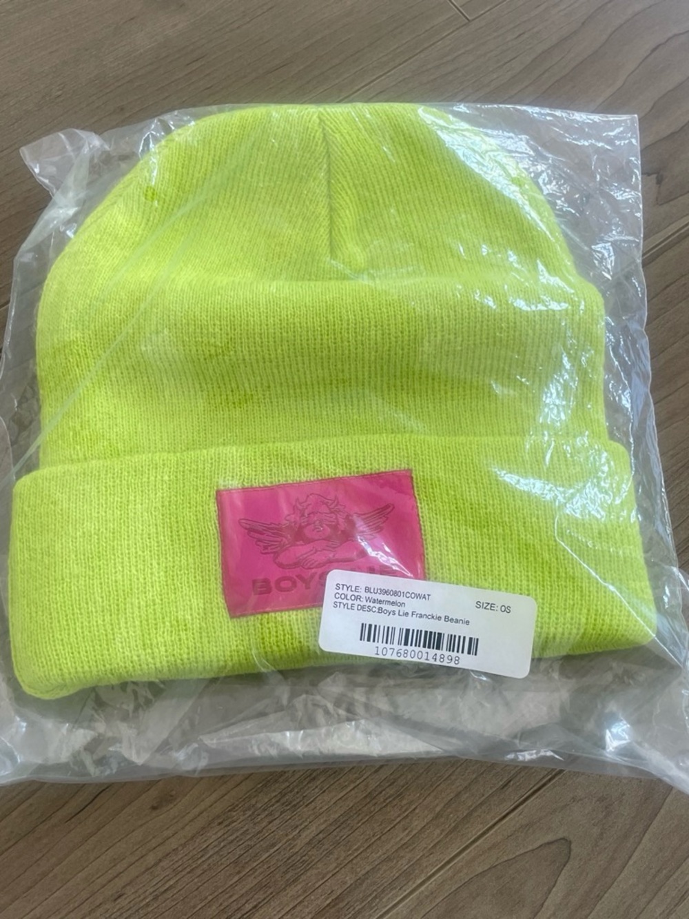 Boys Lie Neon Yellow “Franckie”Beanie W/ Pink Logo Patch Brand New